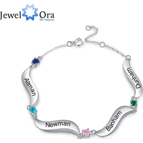 JewelOra Personalized Family Wave Bracelet with 4 Inlaid Birthstone Custom Engraving Name Women Chain Bracelets Gift for Mother