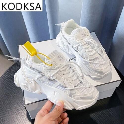 Comfy Breathable Mesh Trainers Chunky Heels 5cm Womens Platform Sneakers Women Shoes Casual Female White Mesh Shoes For Woman