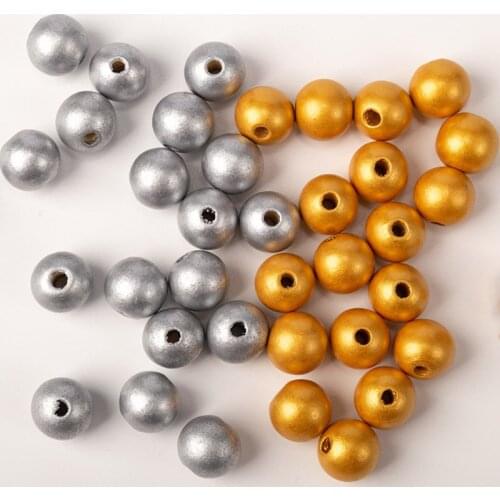 20pcs/lot Gold/Silver Color Round Charm Wood Beads 16mm Ornament Decoration Wooden Spacer Beads DIY Jewelry Making Pendants