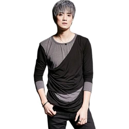 Men ripped patchwork long sleeve t shirt punk hiphop tee shirts mens nightclub singer stage tops costume hip hop tshirt homme