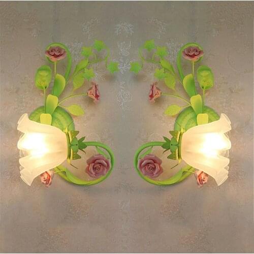 Modern Rural style Childrens room Led Wall Lights Bedside lamp Cute Princess flower corridor Aisle Wall Sconces Glass lampshade