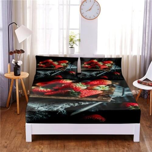 Strawberry 3pc Polyester Solid Fitted Sheet Mattress Cover Four Corners With Elastic Band Bed Sheet(2 pillowcases)