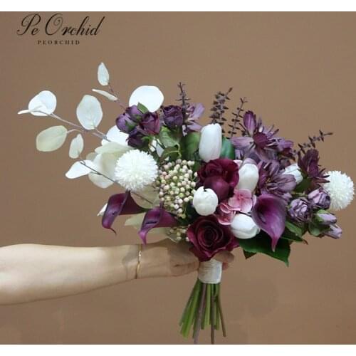 PEORCHID Calla Lily&Rose Purple Wedding Bouquet White Tulip Artificial flowers Buquet De Novias Luxurious Brides Bouquet