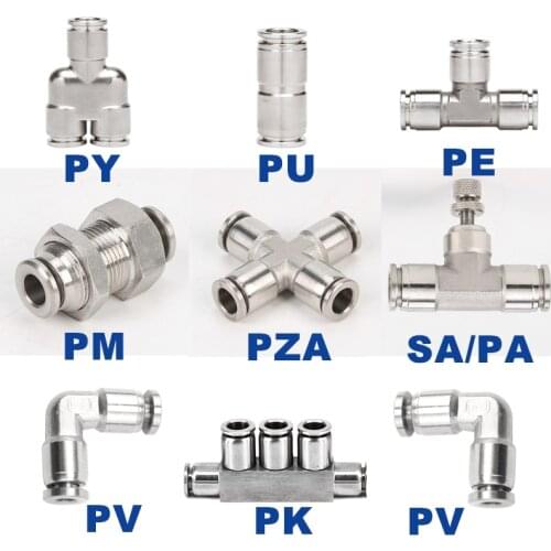 Stainless Steel 304 Pneumatic Fittings PY/PU/PV/PE/PZA/SA/PM/PK Water Pipes Connectors Direct Thrust 4-12mm OD Quick Couplings