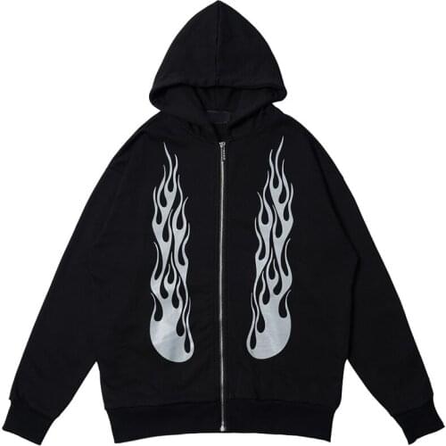 Zip-up Casual vintage Loose flame printed Zipper Hoodies Sweatshirts grunge Hip Hop gothic Y2K Hipster Rock Streetwear Hoodie