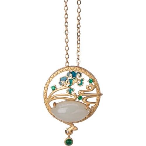 S925 sterling silver gold plated Natural Hetian jade Pendant Retro Cloisonne Hollow out Xiangyun Peace buckle Pendant