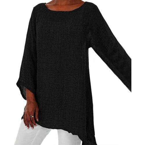 Plus Size Women T-Shirt Solid Color Linen O-Neck Long Sleeve Irregular Tunic Top T-Shirt Womens Clothing женские футболки 2021
