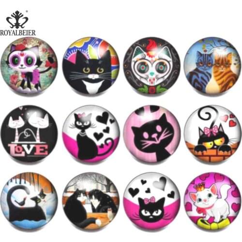 ROYALBEIER 12pcs/lot Cartoon Animal Cute Cat 18mm Snap Button Jewelry Glass Charms Fit DIY Bracelet Snaps Women Jewelry KZ1009