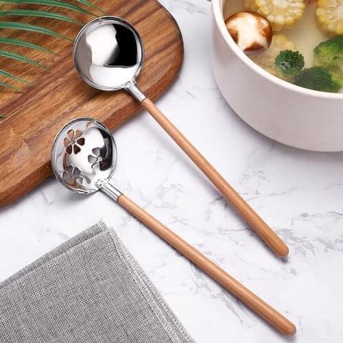 Beech handle 304 stainless steel spoon household hot pot colander spoon high-grade cuisine spoon ramen small spoon