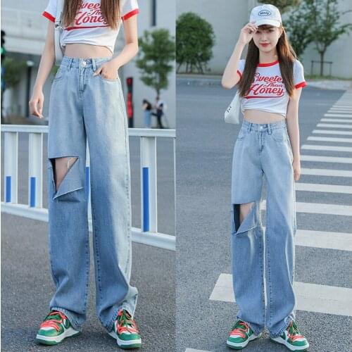 Ripped jeans female 2021 summer fashion versatile short tall waist straight tube loose gradual change wide leg denim female