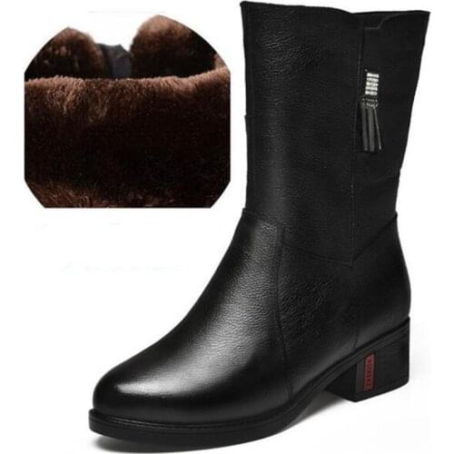 Large Size Rhinestone Cowhide Leather Boots Thick Heel In-tube Boots Women Shoes Boots 2019 Autumn and Winter Boots Snow Shoes