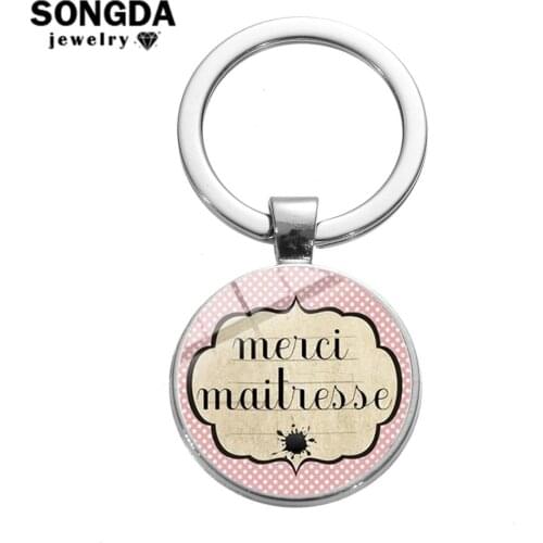 SONGDA Simple Fashion Merci Mistress Key Ring Silver Plated Metal Glass Cabochon Charm Keychain Thank You Teacher Gift Llaveros