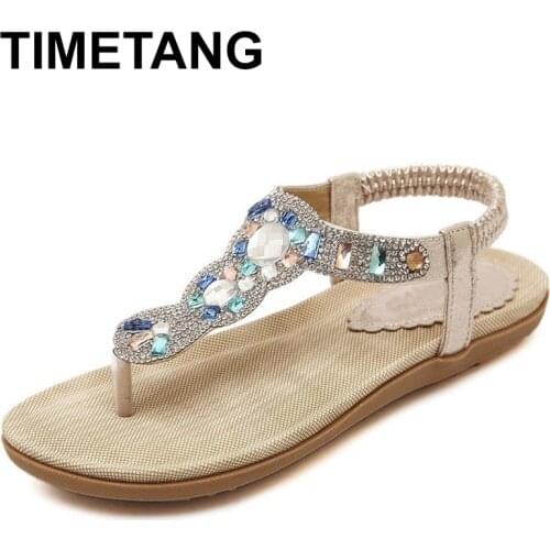 TIMETANG woman t-strap flats wedges flip flops sandals shoe fashion casual elastic band flowers rhinestone sequines leather C044