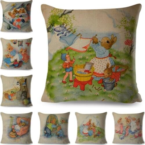 Vintage Cartoon Cute Rabbit Story Cushion Cover for Sofa Children Room Home Decor Fairy Tale Pillowcase Polyester Pillow Case