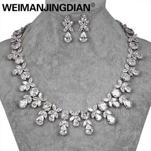 WEIMANJINGDIAN Brand Luxury Waterdrop and Flower Cubic Zirconia Crystal Necklace and Earring Bridal Wedding Jewelry Set