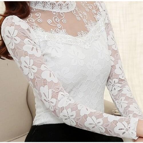 2019 Plus Size Autumn Women Sexy Hollow Out Lace Blouse Long Sleeve Stand Collar Floral Lace Shirt Tops Casual Blusas