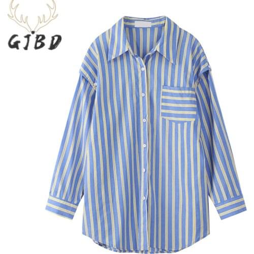 Long Sleeves Women Shirt 2021 Autumn Fashion Baggy Button Up Shirt Vintage Casual Sense of Design Stripe Blouse TOP Loose Coat
