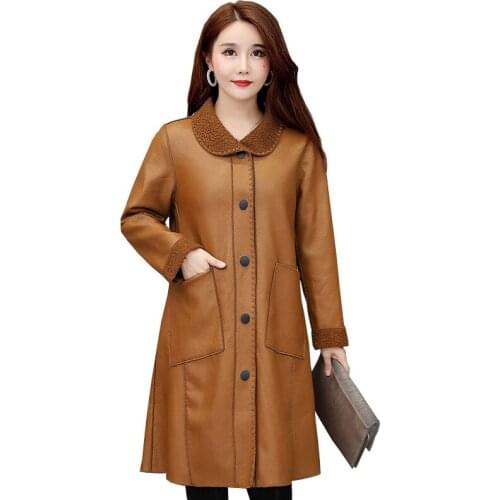 Women Winter Leather Jacket 2021 Elegant Lady Slim Coats Fleece Warm Long PU Leather Jackets Plus Size Slim Female Coat OK1048