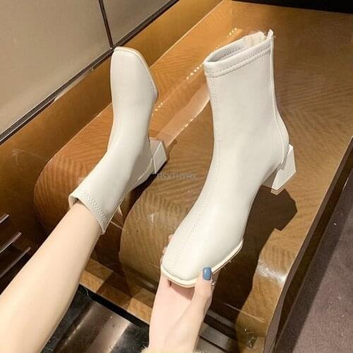 Ankle Boots for Women Square Toe Fashion Shoes Short Boots Zipper Square Heels Comfortable Pu Leather Square Heel Lady Shoes