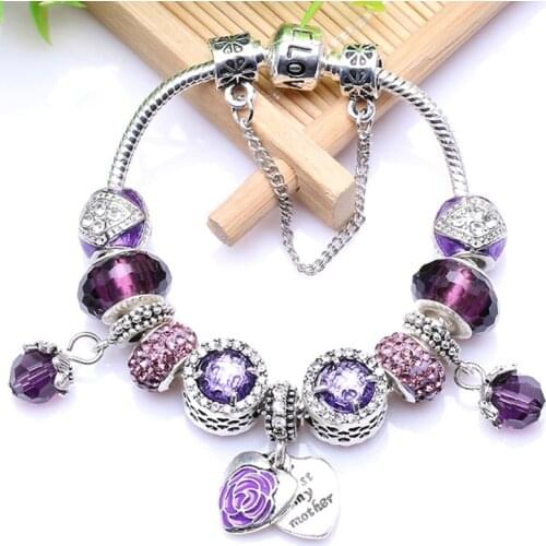 BAOPON Sweet Mother Pendant Charm Bracelets For Women With Love Heart Beads Snake Chain Bracelets Bangles As Mother Jewelry Gift