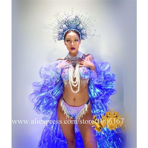 Nightclub Purple Cloak Sexy Lady Shell Mermaid Stage Costume Christmas Halloween Bikini Headdress Dance Suit Cosplay DS Clothes