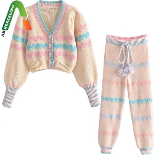 Adherebling Za Woman 2021 Traf Autumn Y2K Sweet Girls Heart Striped Patchwork Crop Knit Cardigan Ankle Length Pants 2 Pie Sets