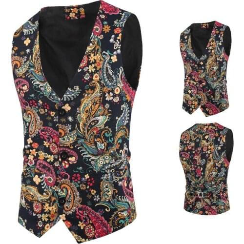 Mens Fashion National Style Print Slim Fit Gentleman Vest Suit Men Tuxedo Waistcoat for Party Wedding Clothes Party Prom M-3XL