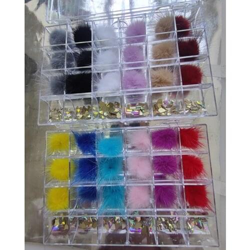 1box Nail Pompoms +AB Crystal Clear Rhinestones(18PCS Colorful Fluffy 27*27mm Nail Pompoms)Nail Art Decorations In Storage Box