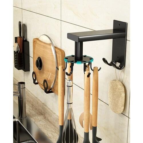 1pc Clear Space Aluminum Hole Kitchen Shelf Hook Wall Storage Rack Rotary Hook Spatula Spoon Wall Rack Kitchen Accessories