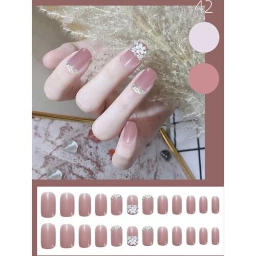 24Pcs/Set False Nails 3D Flower Rhinestone Inlay Nail Patch Short Paragraph Square Fake Nails Fully Covered Nail Decoration