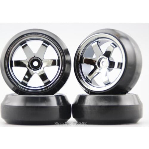 4pcs RC 1/10 Hard Drift Tire Tyre Wheel Rim W6SCH 3mm Offset(Chrome Gray) Fits For 1:10 Drift Car