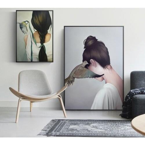 Nordic Style Girl and Bird Canvas 5D DIY Poured Glue Diamond Painting Kits Scalloped Edge Modern Wall Art Pictures Home Decor