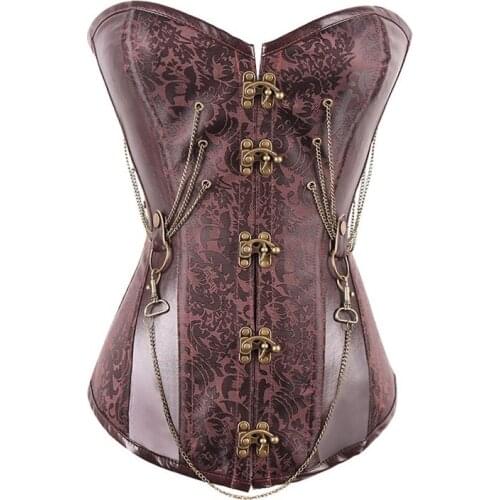 Brown Corset Steampunk Women Clothing Vintage Retro Gothic Corset Top with Chains