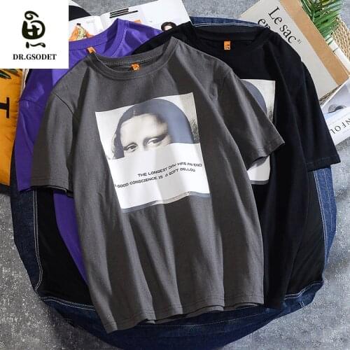 GSODET Summer Mens T-Shirt Couple Cotton Ins Loose Casual All-Match Half-Sleeved Mona Lisa Print Short-Sleeved Top Plus Size