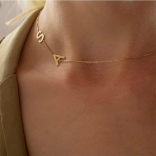 Hot Fashion Gold Sideways Letter Necklace Personalized Sideways Initial Necklace Female Stainless Steel Jewelry Collar Trendy