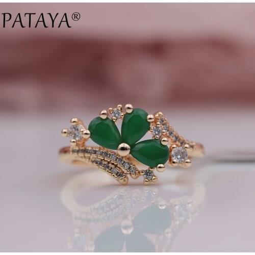 PATAYA New Arrivals 585 Rose Gold Micro-wax Inlay Green Water Drop Natural Zircon Rings Women Wedding Party Fine Trendy Jewelry