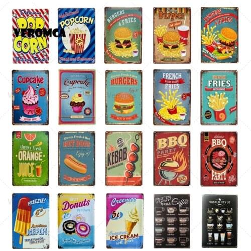 BBQ Hamburger Popcorn Hot Dog Fries Cupcake Coffee Menu Ice Cream Poster Metal Tin Signs Pub Bar Fast Food Shop Wall Decor