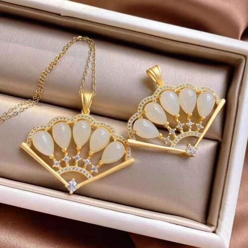SNew silver natural Hetian jade diamonds palace national wind Chinese ancient fan-shaped pendant necklace women brand jewelry