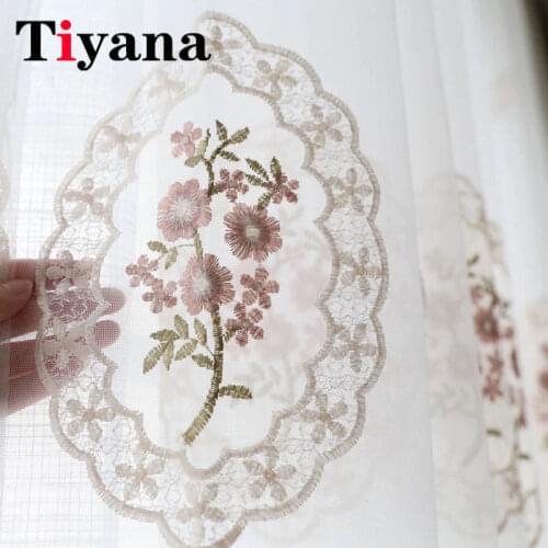 Pink Floral Embroidered Curtain for Bedroom Voile Modern Rustic Sheer Curtain Blue Window Treatment Luxury Gauze Drapes ZH015Y