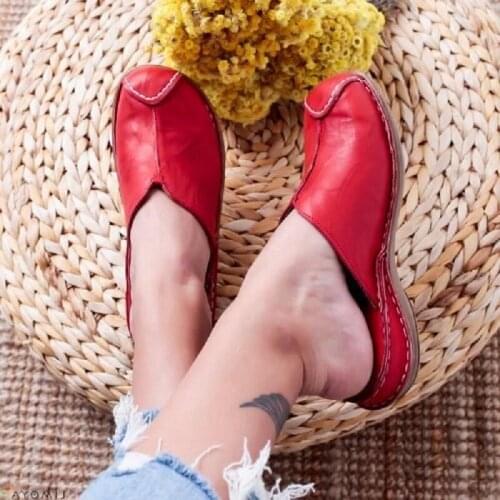 Slipper Casual Leather Handmade Flat Shoes woman Round Head Comfortable ladies Womens Shoes Low Heels Sandalias Mujer