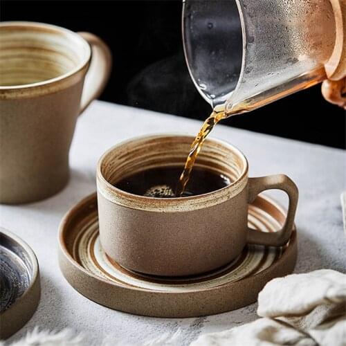Japanese Ceramic Coffee Cup with Saucer Set Creative Handmade Retro Milk Tea Cup Coarse Pottery Breakfast Water Cup Drinkware