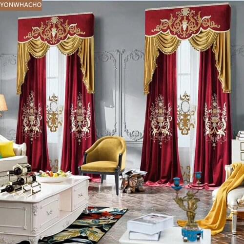 Custom curtains high quality luxury European embroidered velvet thick cloth blackout curtain valance tulle panel B648