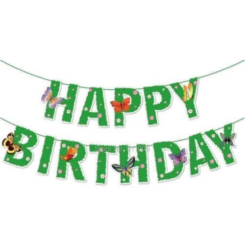 Green Grassland Happy Birthday Banners With Butterfly Kids Birthday Baby Shower Party Decorations Hanging Bunting Party Supplies