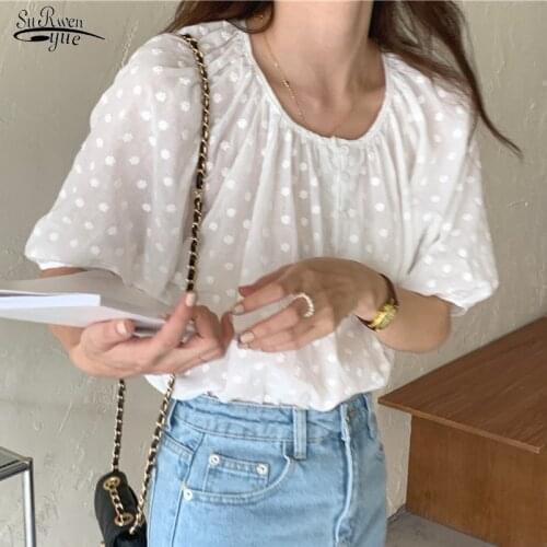Korean Hollow Hook Flower Blouse Plus Size White Casual Womens Shirt Polka Dot Stand Collar Shirts Short Sleeve Loose Top 15530