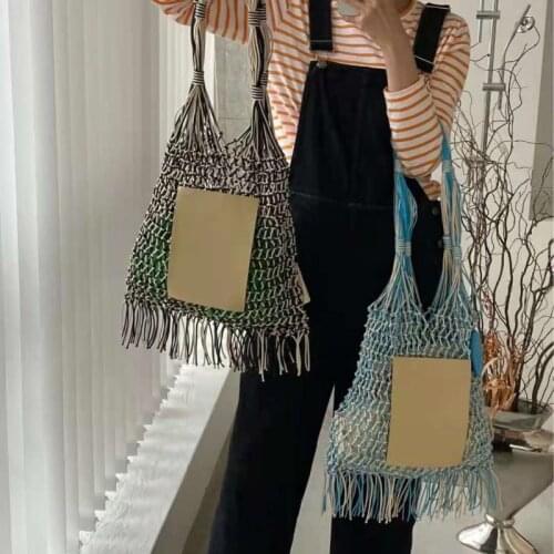 Designer Rope Woven Lady Handbags Handmade Summer Beach Large Tote Big Purse 2022 Casual Hollow Tassel Straw Women Shoulder Bags