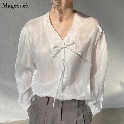Spring New White Blouse Women See Through Solid Shirt Blouses Women Casual Loose V-neck Lace Up Ladies Tops Blusas Mujer 13032