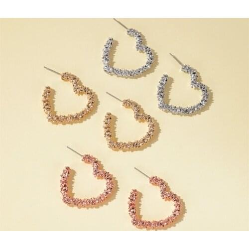 Frosted Heart Hollow Alloy Carving Metallic Gold Silver Plated Stud Earrings for Women