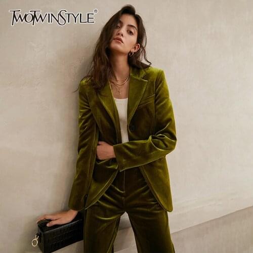TWOTWINSTYLE Casual Velour Suits For Women Lapel Long Sleeve Blazer Wide Leg Straight Pants Solid Two Piece Set Female 2020 Fall