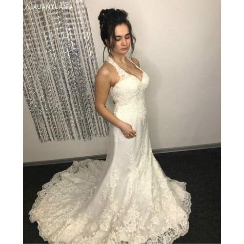 Halter Neck Mermaid Wedding Dress Appliques Backless Chapel Train Bridal Gowns 2021 Vestido De Novia Wedding Gowns