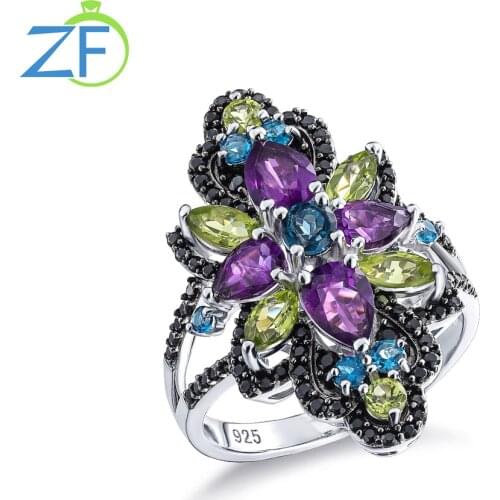 GZ ZONGFA Fashion Natural Blue Topaz Black Spinel Gem 925 Sterling Silver Rings Women Custom Fine Jewelry